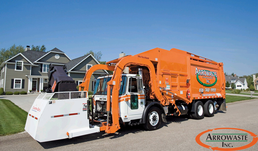 An existing automated truck operating in Arrowaste Inc.'s residential waste pickup service.