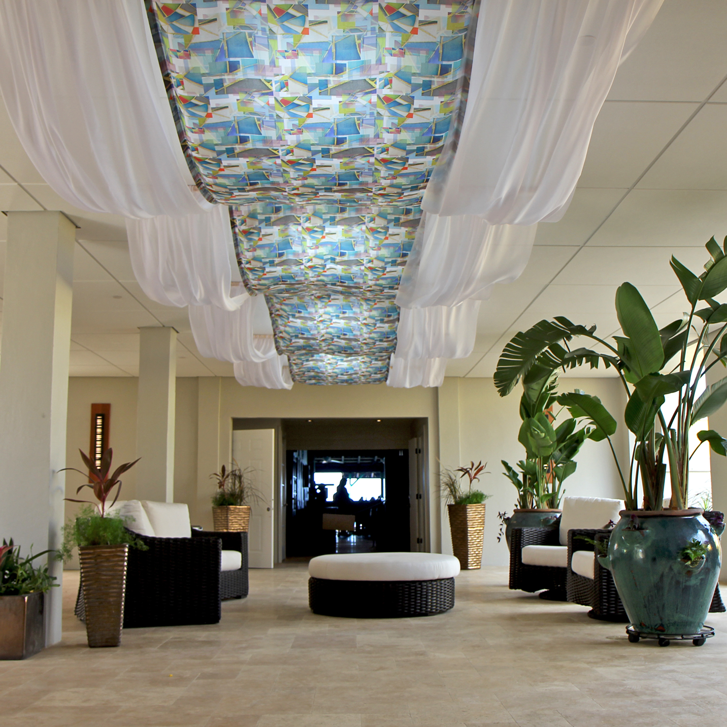 Hotel Caravelle's new lobby features textite art by Debbie Sun.