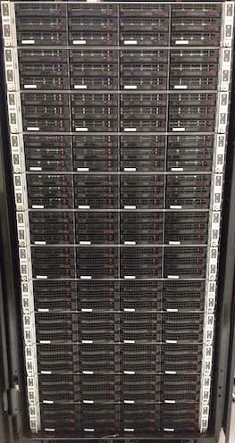 Compute nodes of the ORCA computing cluster, located in the Cal State Fullerton University Data Center, shown here with the rack's front panel open. Courtesy of Cal State Fullerton