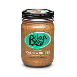 A jar of Betsy's Best Gourmet Cashew Butter