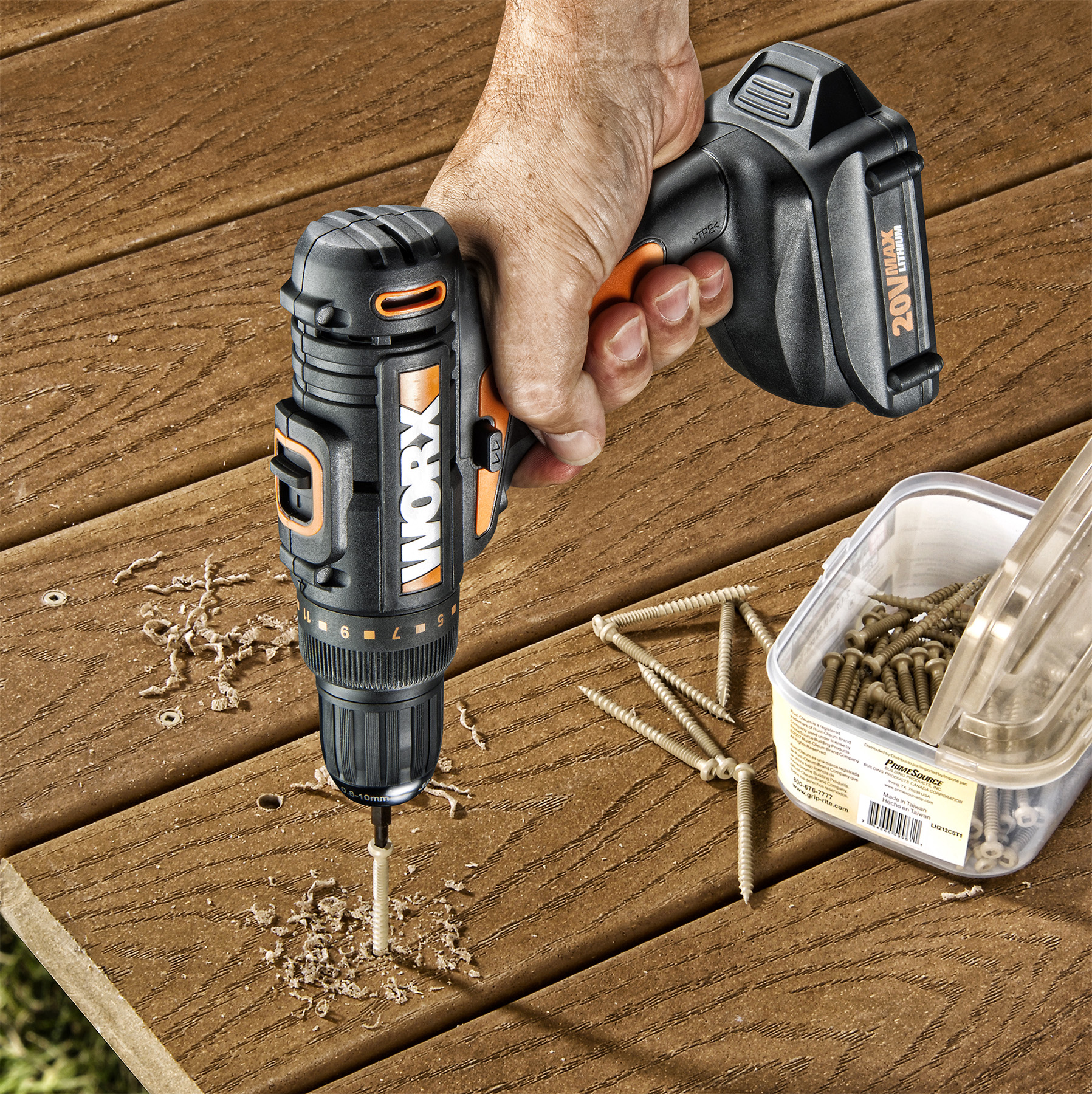 WORX 20-volt MaxLithium Drill & Driver installing decking