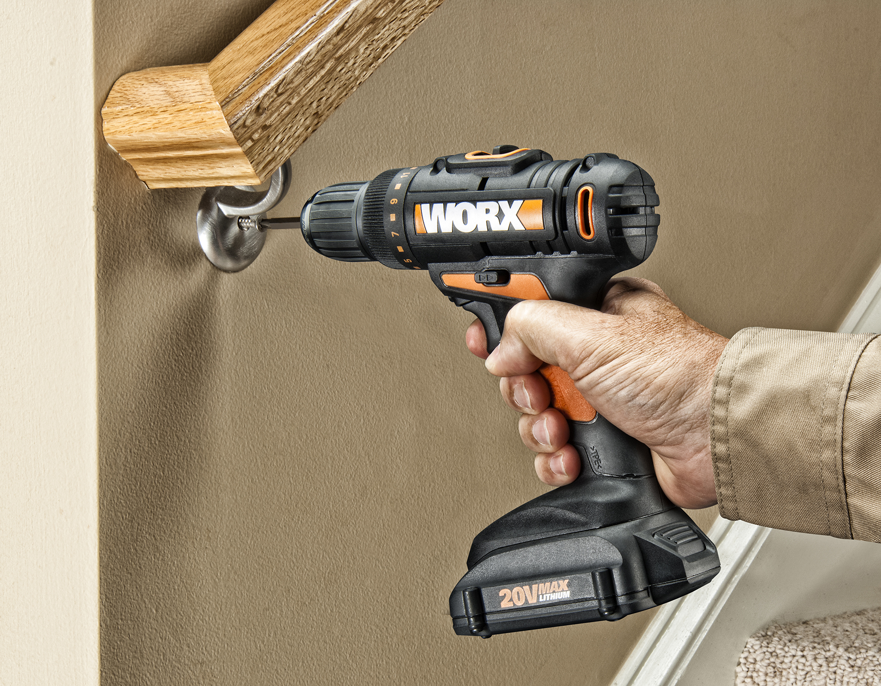 WORX 20-volt MaxLithium Drill & Driver attaching stair rail bracket