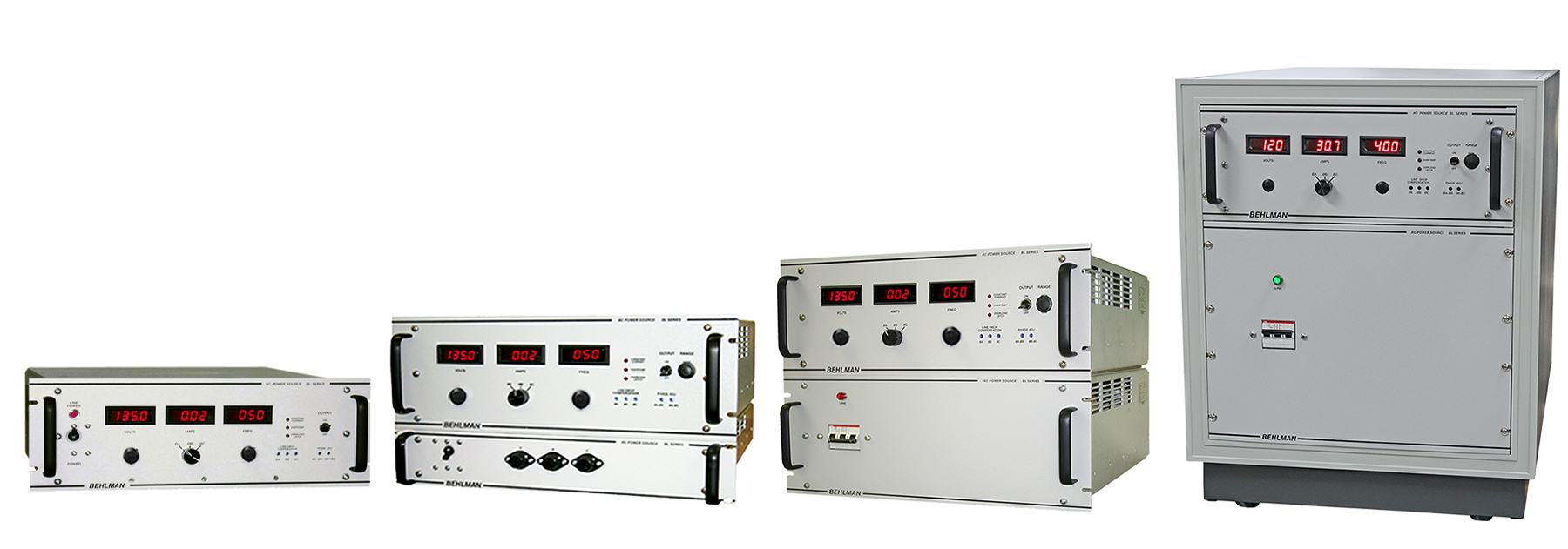 Behlman BL(F) High-Power Series Power Sources include fifteen basic fixed voltage and frequency models ranging from 1,000 to 20,000 VA. Options list enables these to be customized for any requirement.