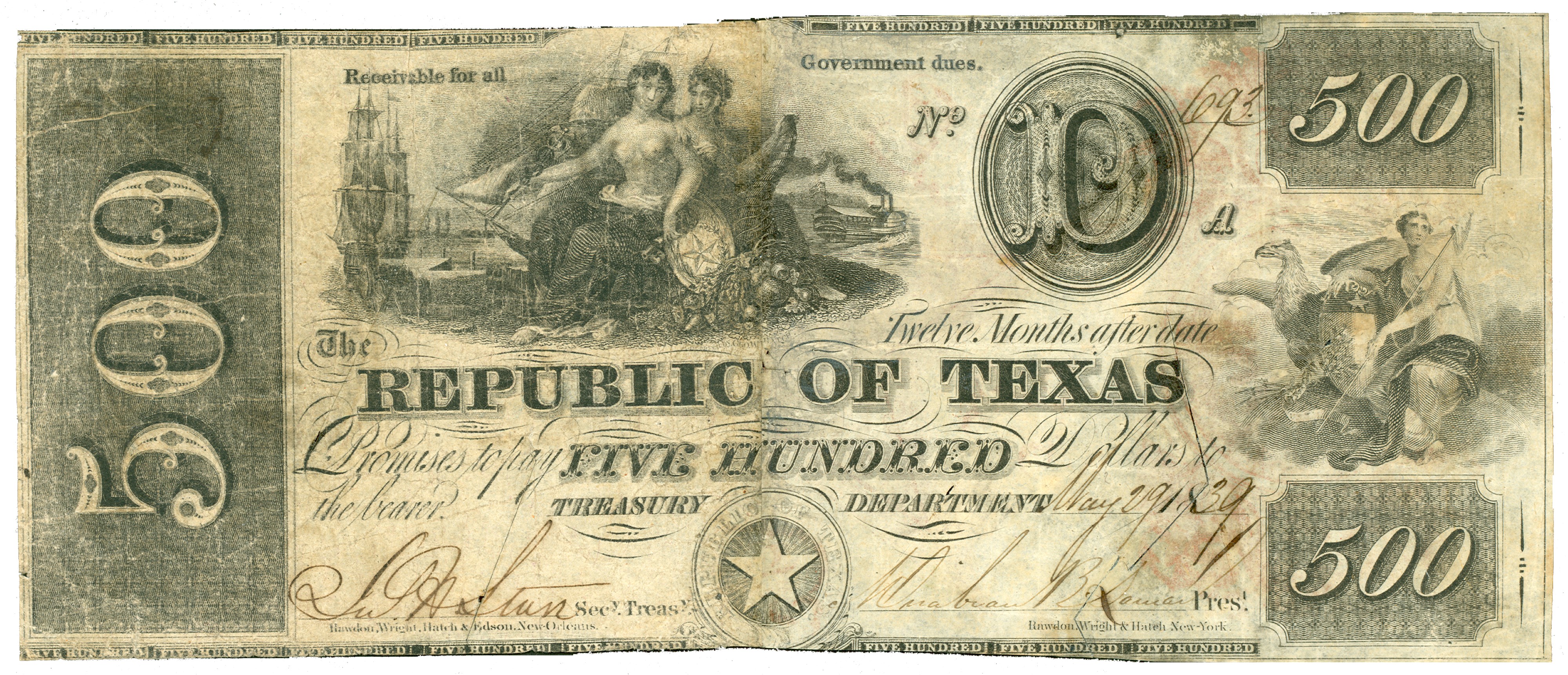 The public can see more than $100 million of numismatic national treasures, including this rare $500 bill issued in Texas in 1839, at the National Money Show in Dallas, March 3 - 5, 2016.