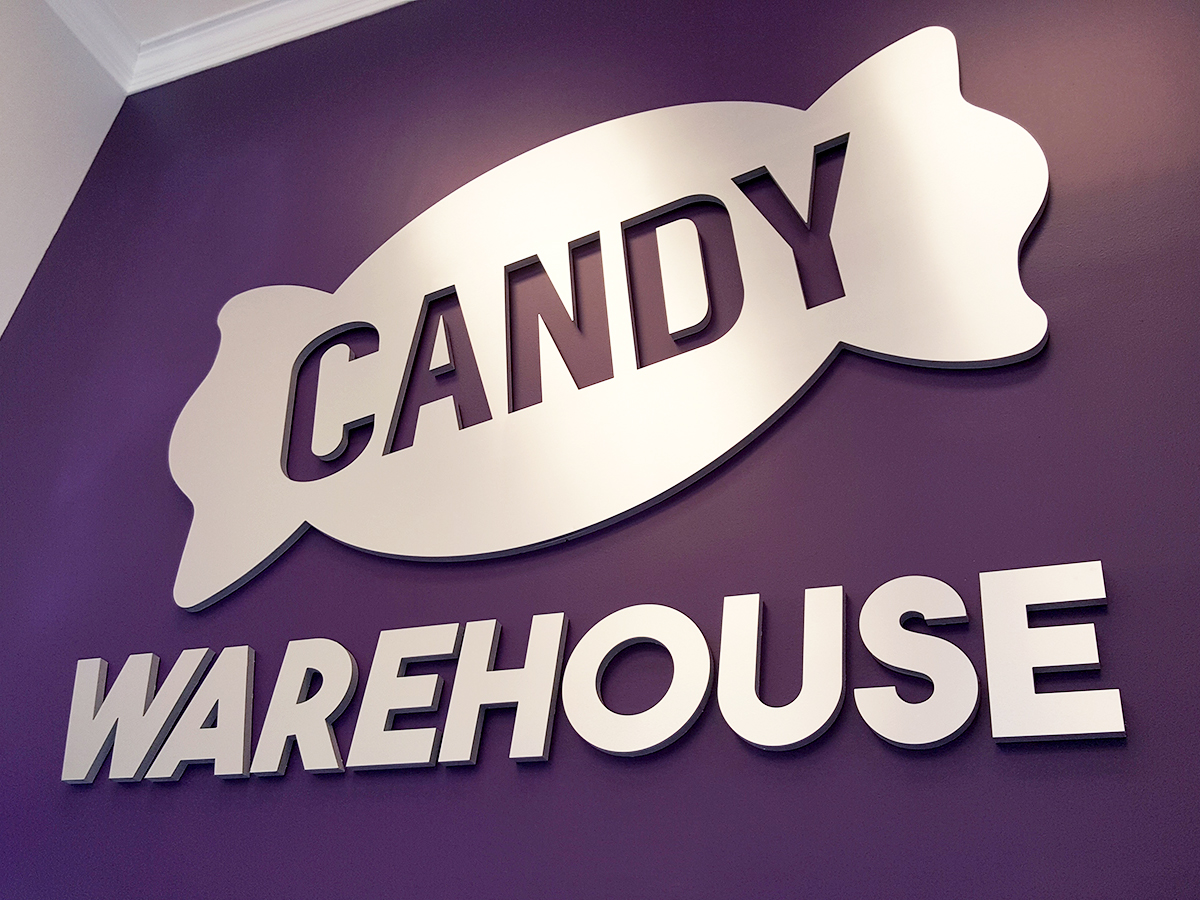 CandyWarehouse.com Metal Logo on Charlotte Lobby Wall