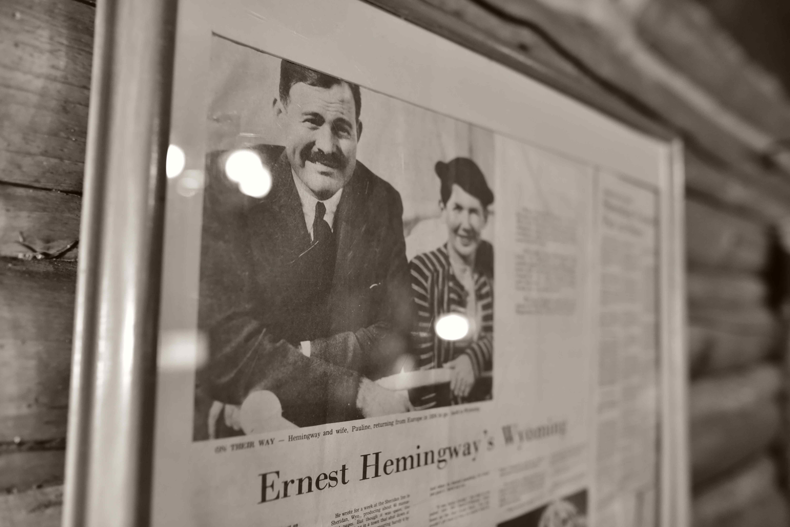 A framed article on the Spear-O-Wigwam Ranch wall reports on Ernest and Pauline Hemingway’s 1928 visit, described in Darla Worden’s Big Sky Journal article. Photo by Travis Cebula.