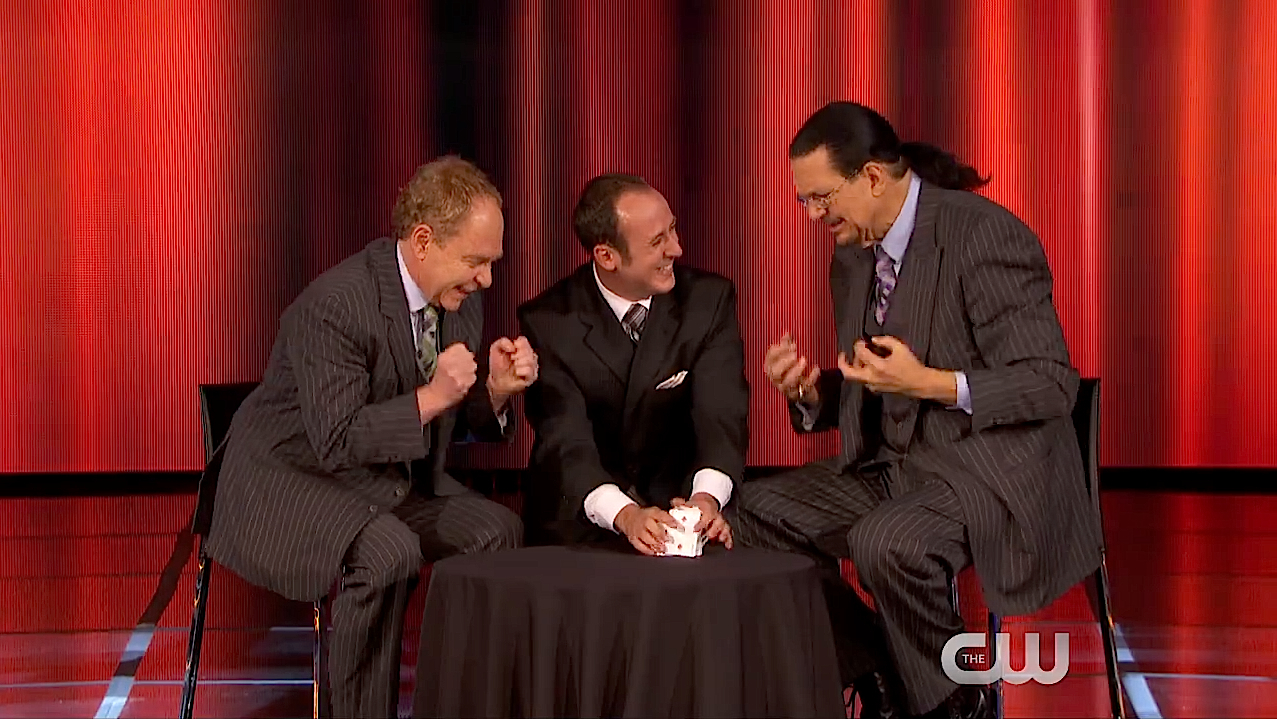 Magician, Kostya Kimlat, with magic legends Penn & Teller on their TV show, "Fool Us."