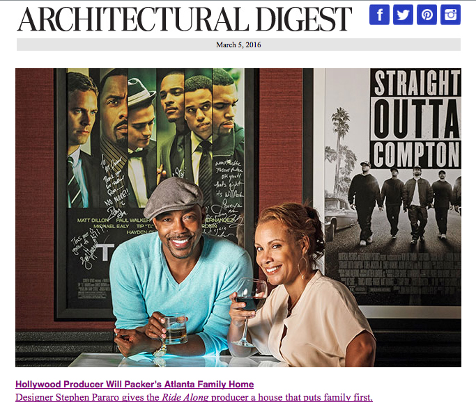 Architectural Digest visits Will and Heather Packer as they relax at an onyx bar in their theater at home in Atlanta.