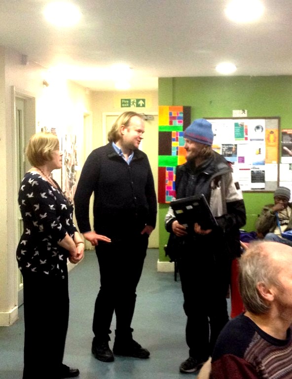 Peter Gibbs receives donated laptop and talks to Peter Paduh from Socialbox and Camden Deputy Leader Councillor Patricia Callaghan.