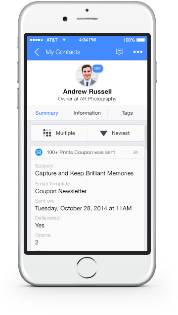 Keep up with contacts on the go with contact summaries accessible via mobile devices.