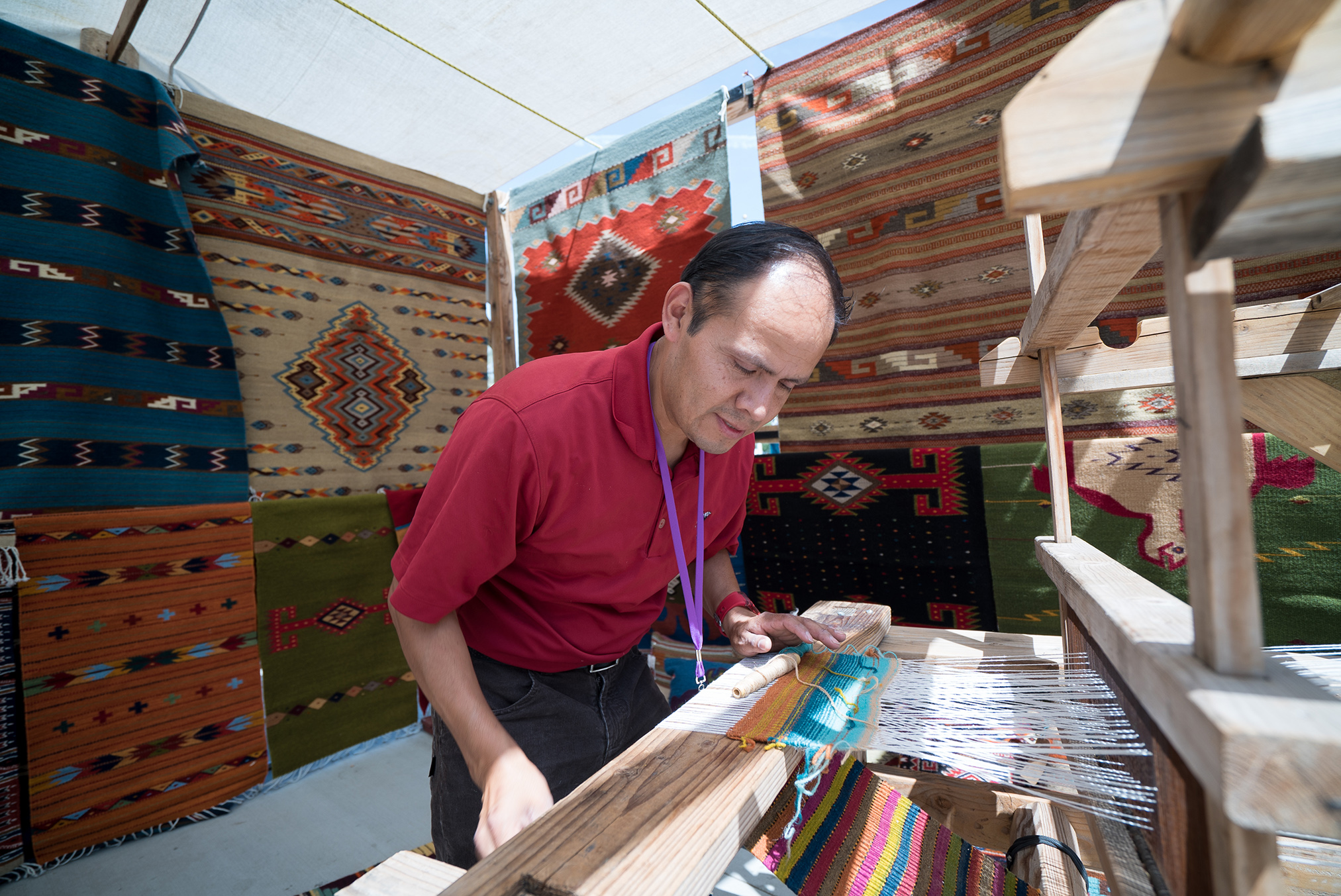 Artist Antonio Mendoza demonstrates the 2000-year Zapotec textile weaving technique.
