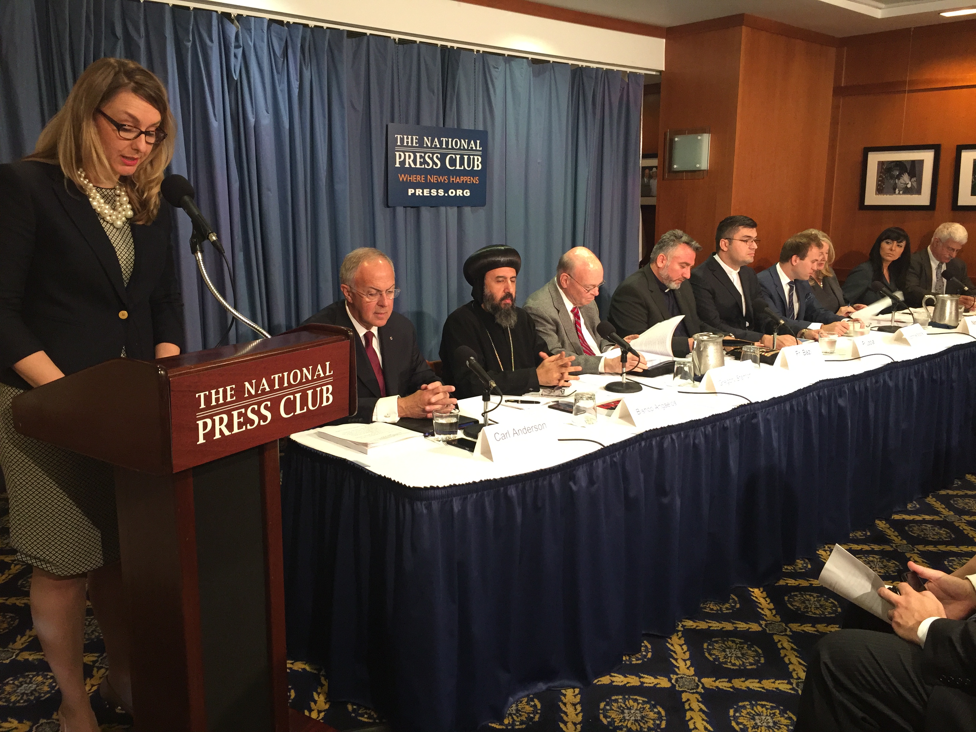 Kirsten Evans IDC Executive Director; Carl Anderson, Knights of Columbus CEO; Bishop Anba Angaelos, Coptic Orthodox Church in the United Kingdom; Prof. Gregory Stanton, Founding President, Genocide Wa