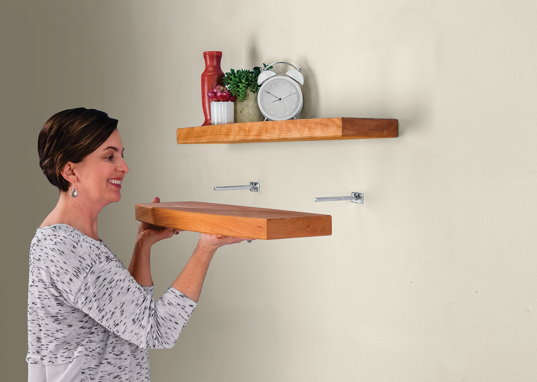 Craft a floating shelf and get the clever “hidden” hardware to mount it at home.