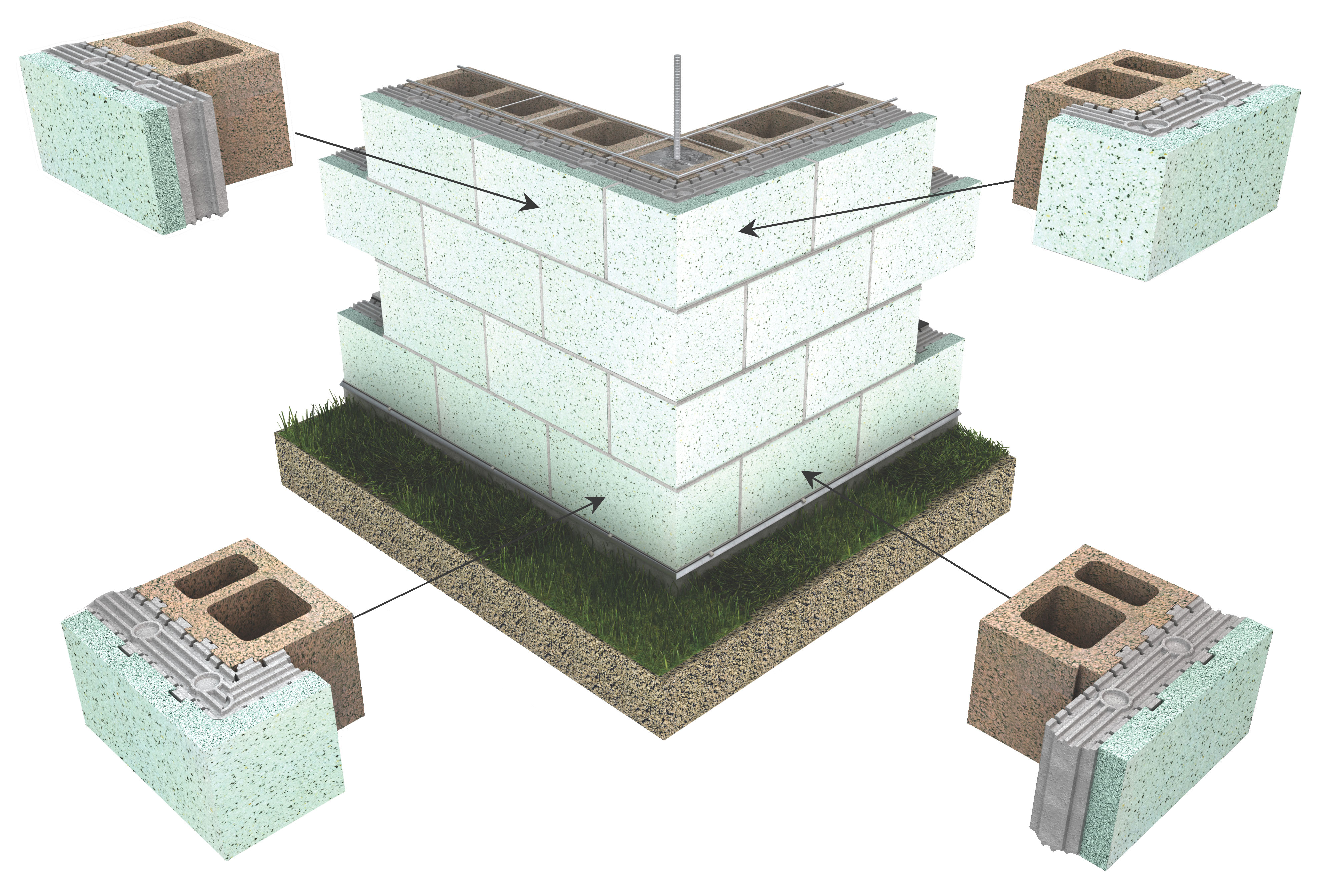 InsulTech combines a structural concrete masonry unit, a molded insulation insert and stone veneer finish.