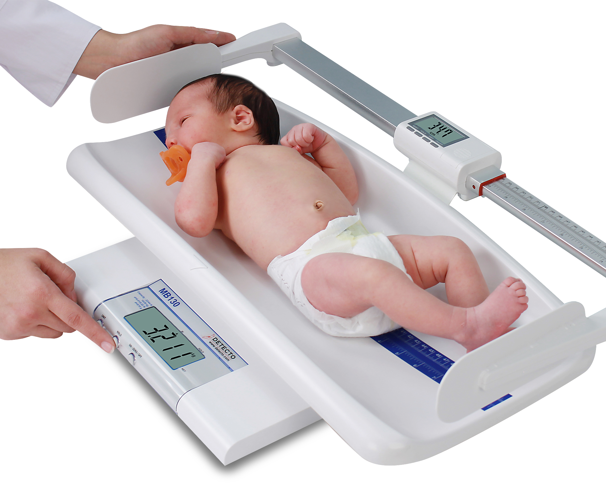 Detecto's MB130 Digital Baby Scale Shown with Optional Digital Length Measuring Rod