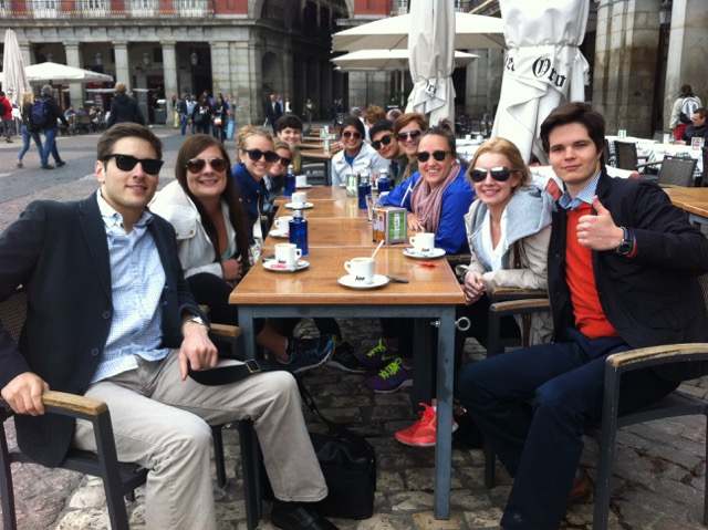 A group of EUSA Madrid students enjoying a sunny day in Plaza Mayor