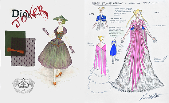 Original sketches from last year's winning fashion show designers, Kelly Cercone (Joker's New Look) and Leetal Platt (Usagi's Transformation).