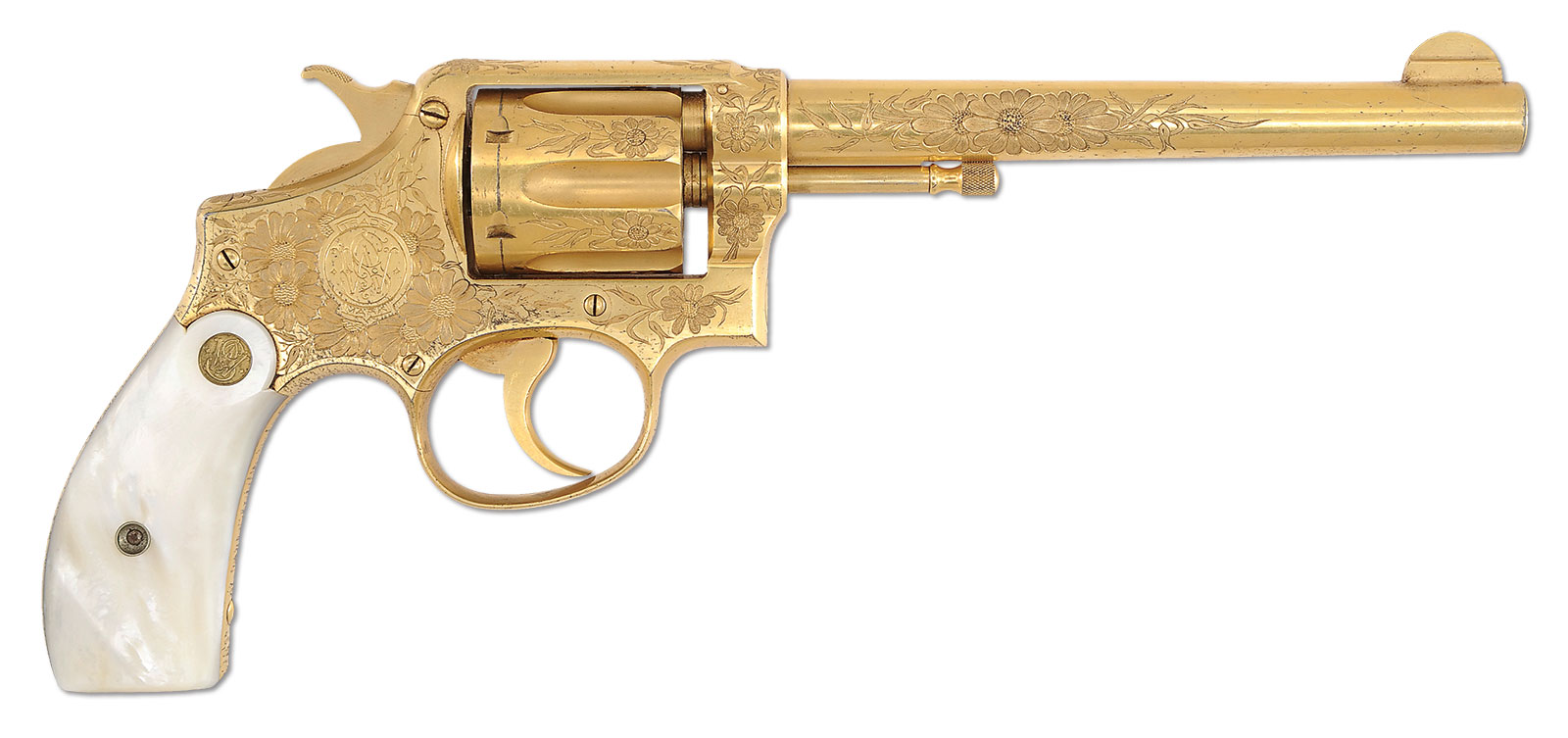 Extremely Rare Factory Engraved Gold-Plated Smith & Wesson 38 Hand Ejector 1st Model DA Revolver for Pan American Expo, Buffalo, NY 1901, Sold for $23,000