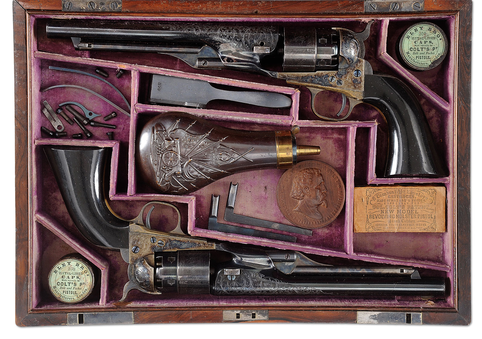 Extraordinarily Rare Cased Consecutive Numbered Pair of Exhibition Quality Colt Model 1860 Army Percussion Revolvers, Sold for $212,750