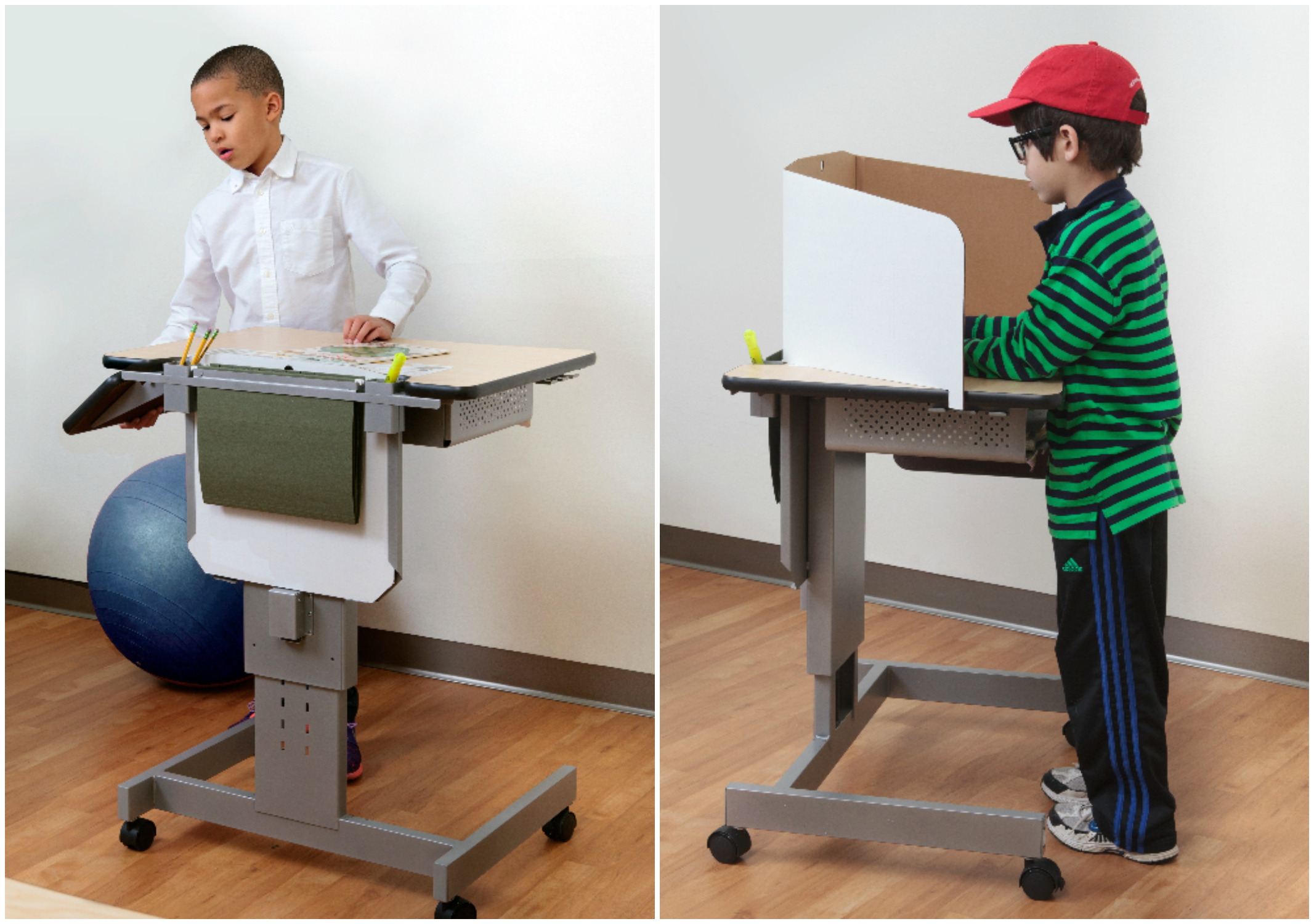 The Focus Desk can be easily adjusted by students. Teacher-recommended features hanging folders, divided interior shelves, a backpack hook, a drop-leaf worktop extension, and privacy walls.