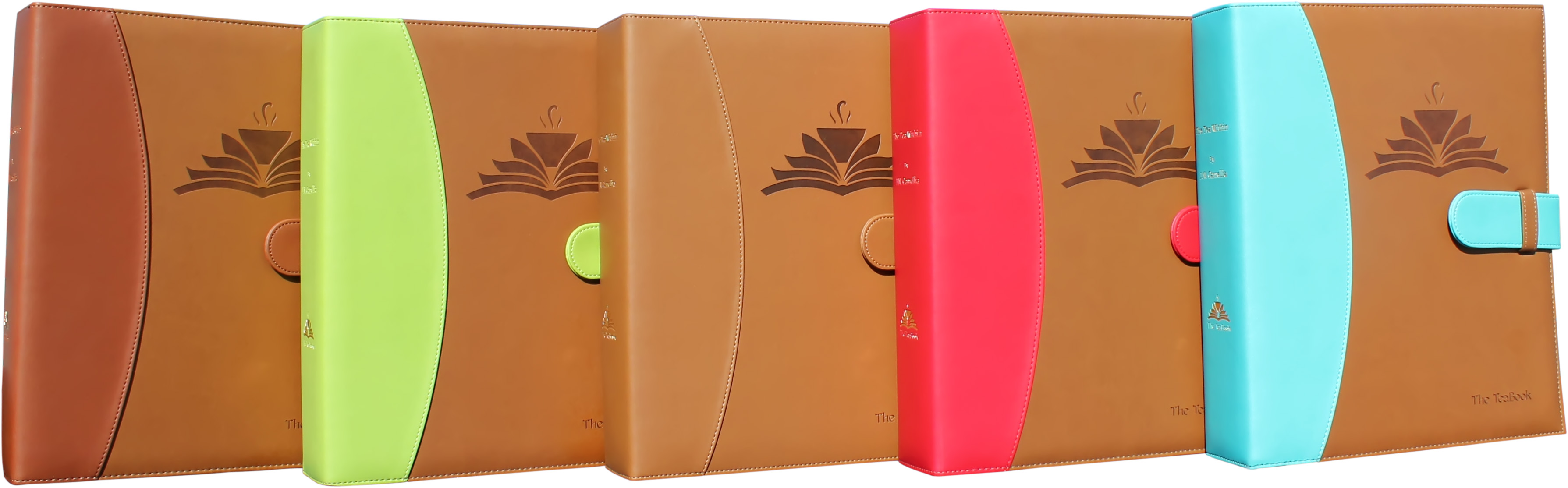 The TeaBook, Available in Brown, Tea Green, Chai, Cinnamon Red, and Teal