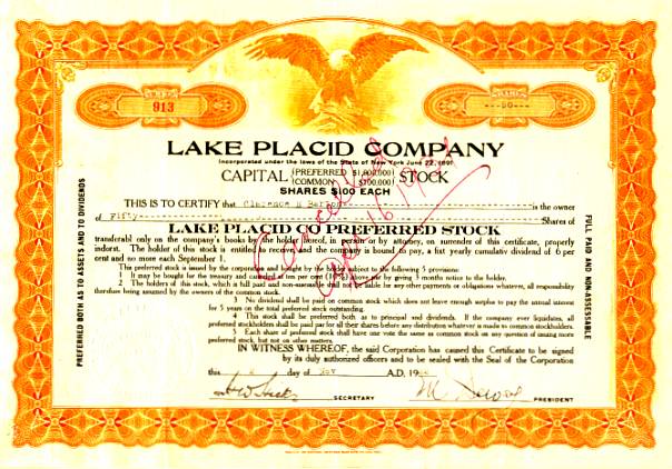 Lake Placid Company signed by Melvin Dewey - Inventor of the Dewey Decimal System