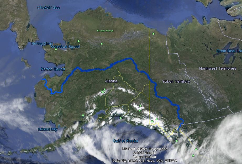 Map of the 2100 mile route starting in Alaska, a quick pass through British Columbia, crosses the Yukon and then completely crosses Alaska, west to east, to end at the Bering Sea.