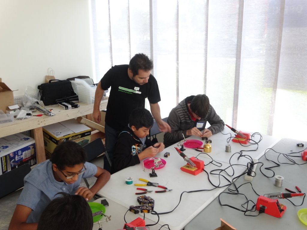 Youth Hackathon participants learn how to solder at Hacker Lab powered by Sierra College in Rocklin, CA.