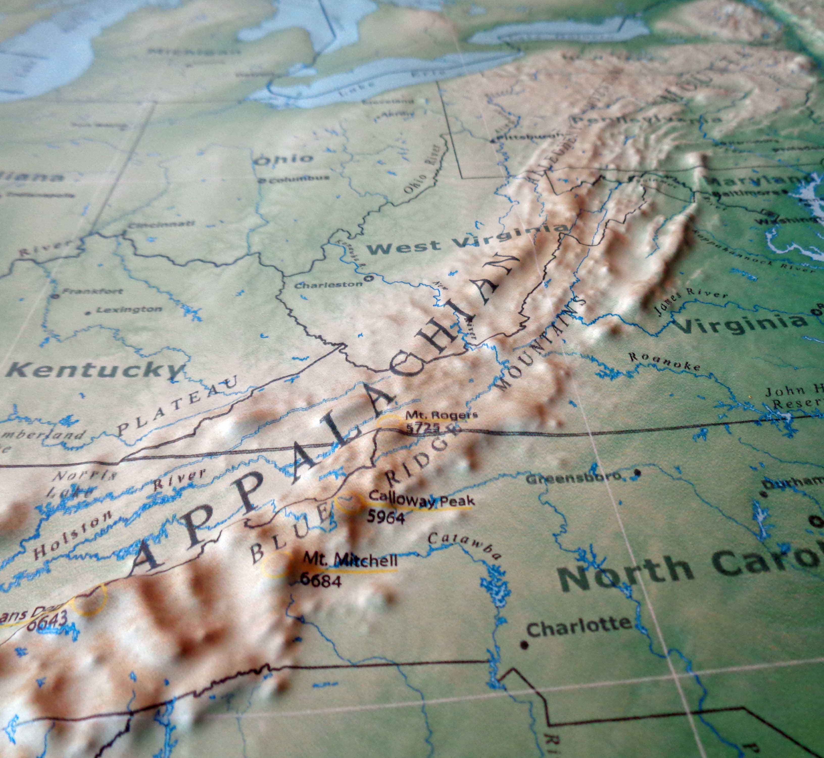 Two New 3D US Maps Raised Relief Geophysical And Aviation Themed US   Summit 3D US Map Appalachian Mtns Closeup 