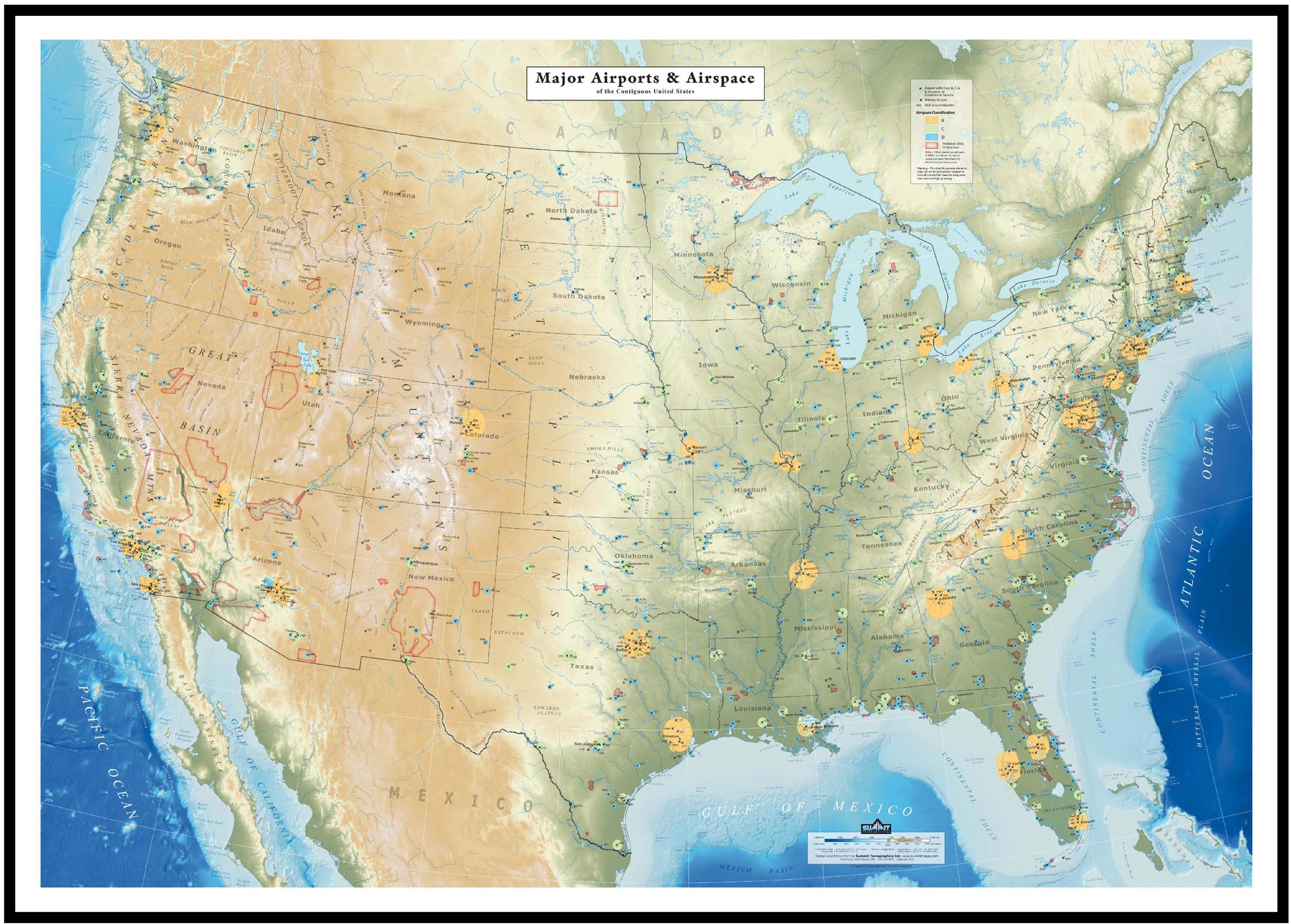 Using an accurate raised-relief model of the contiguous 48 United States, this map identifies airports with class B, C, or D airspace or with commercial service, as well as military airports. - See mo
