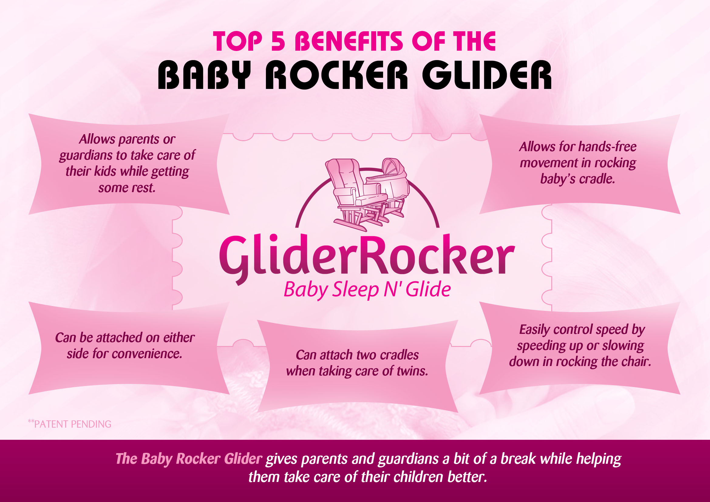 Baby Rocker Glider, a baby invention designed to rock an infant child to sleep while getting some much needed rest at the same time.
