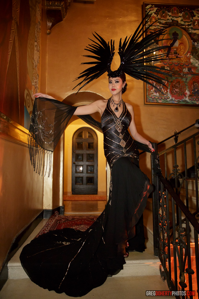 Sue Wong Model photographed in the entrance foyer of Sue Wong's historical Hollywood landmark palazzo, The Cedars - Photo courtesy of Greg Doherty
