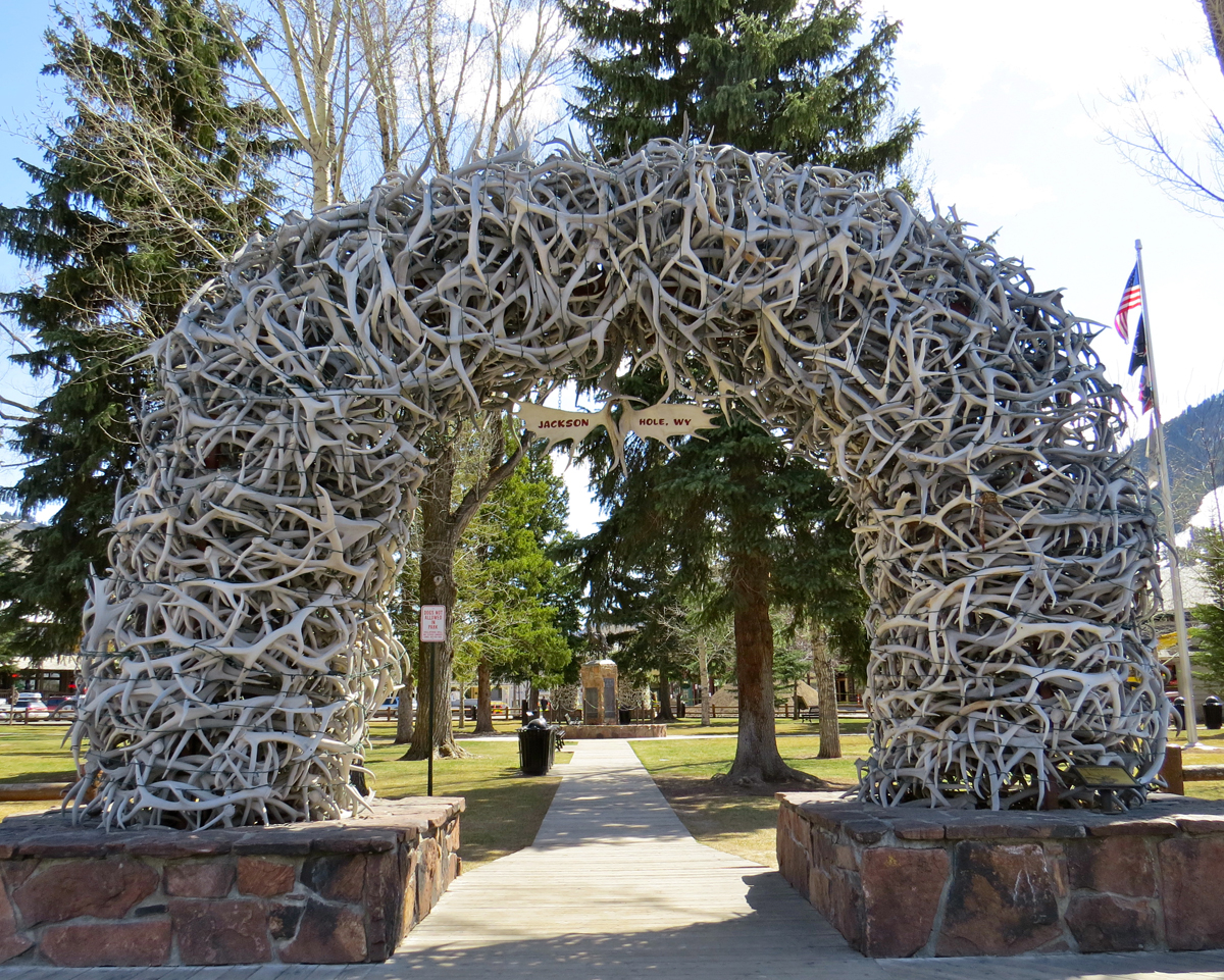 Four giant elk antler arches frame the famous Jackson Town Square, location of many Jackson Hole ElkFest and Old West Days events taking place this May.