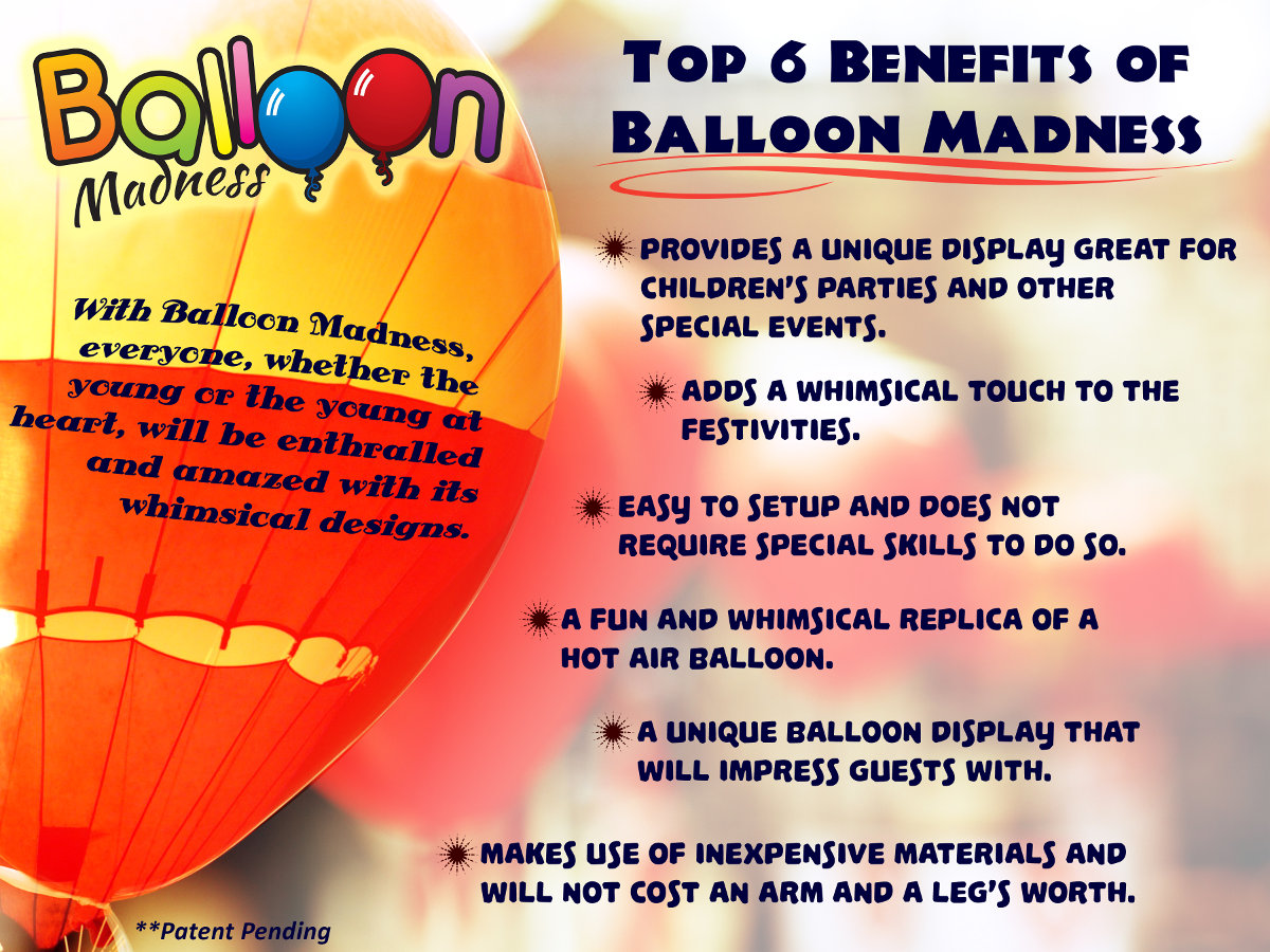 The Balloon Madness is a party invention which will add a whimsical and highly entertaining touch to any party occasion.