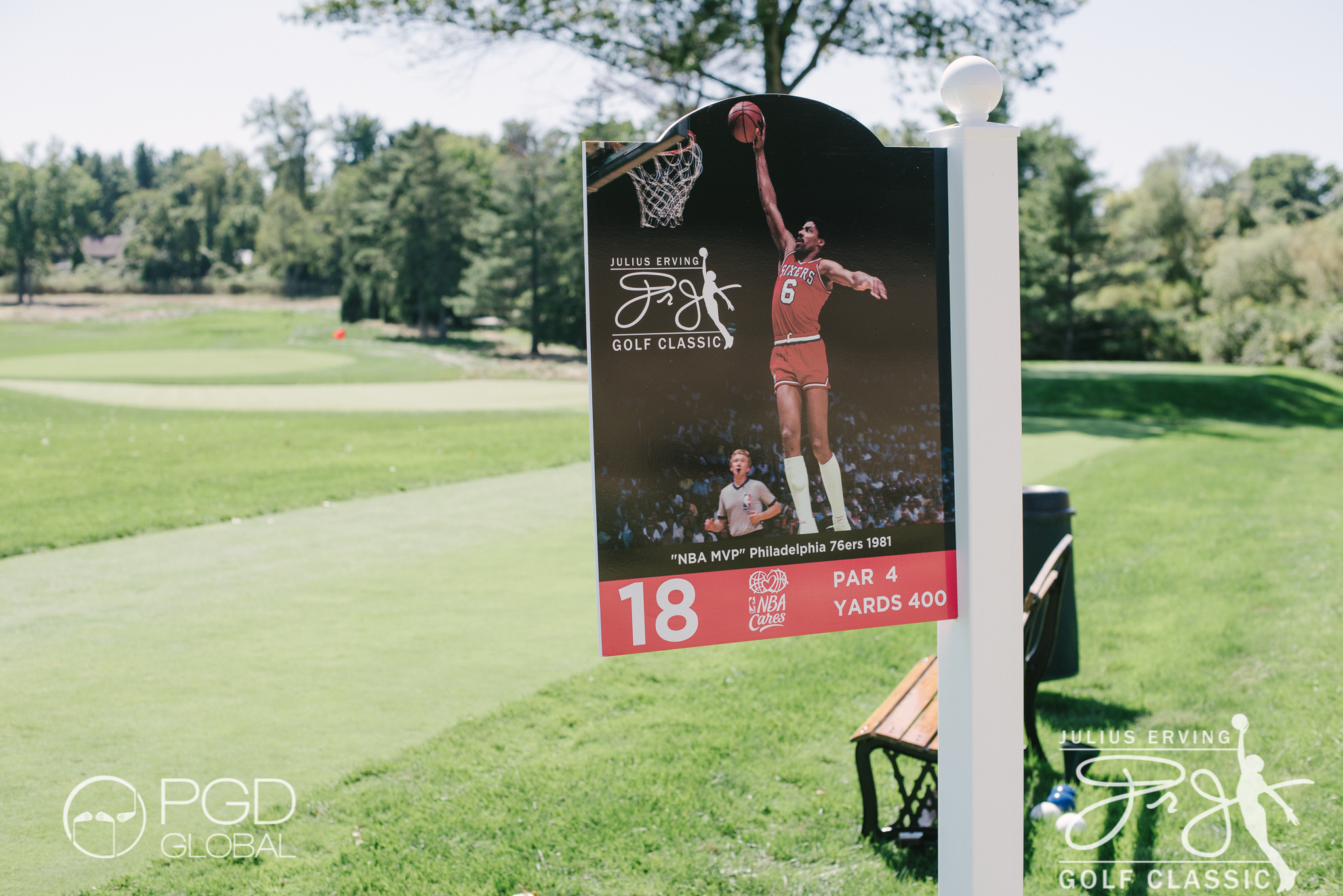 The 18th Hole at the Julius Erving Golf Classic with an iconic image of Julius' illustrious career