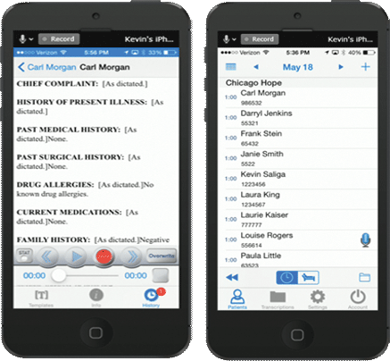 The ZyDoc EHR documentation solution starts with the Smartphone app that displays the eClinicalWorks appointment schedule. The doctor selects the patient and dictates part of all of the encounter.