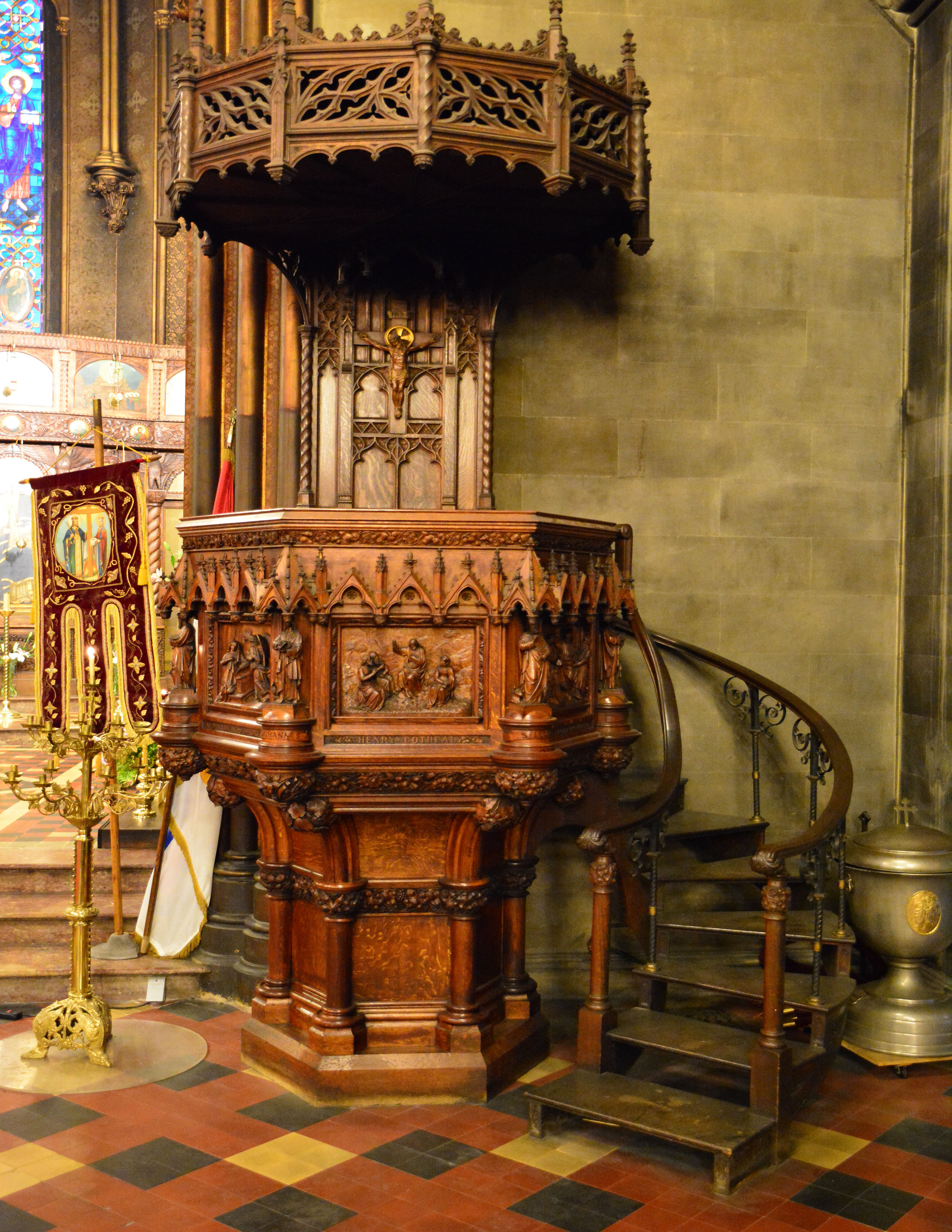 Intricately carved wooden pulpit
