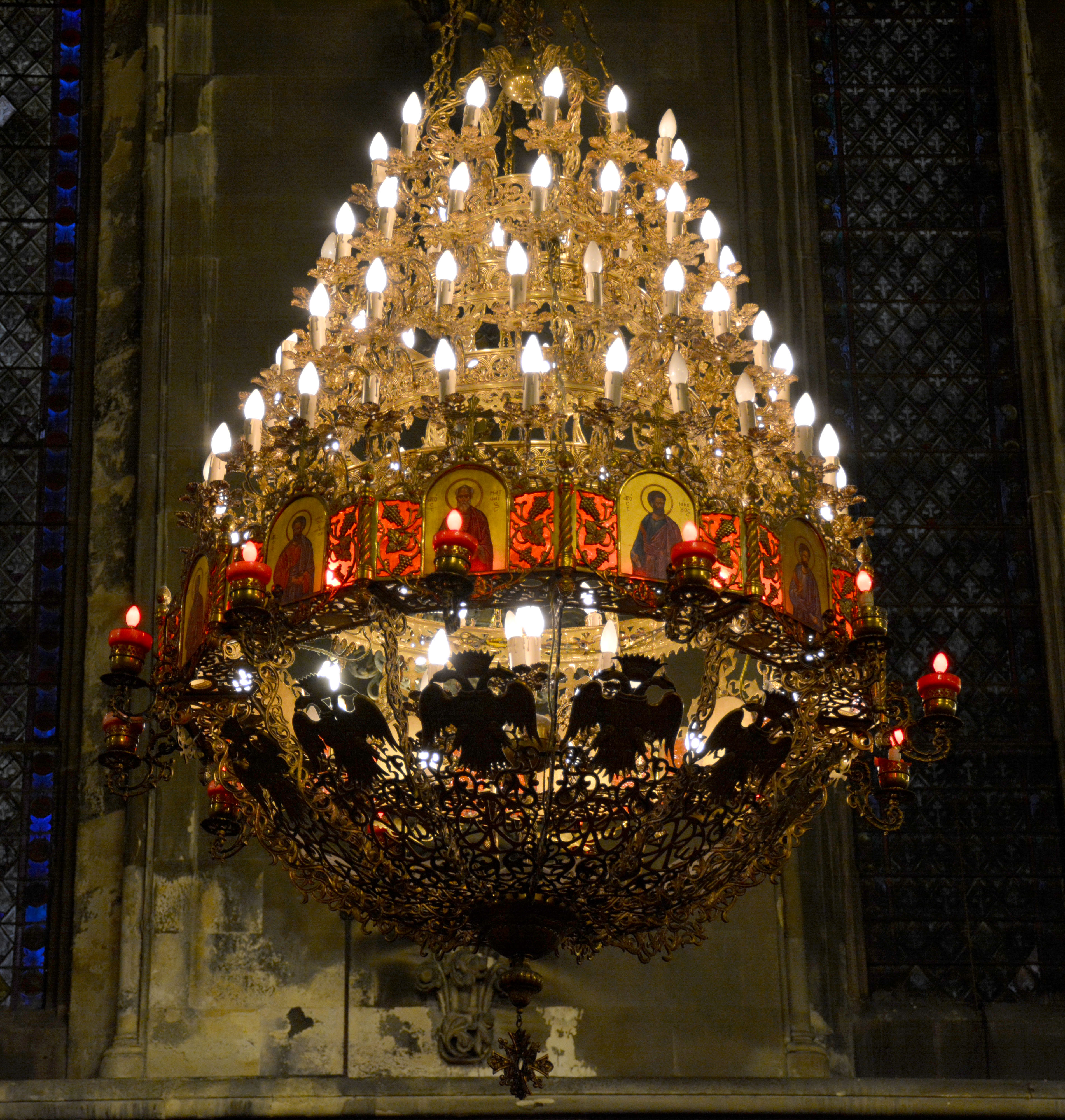 Ornate chandelier, before  fire