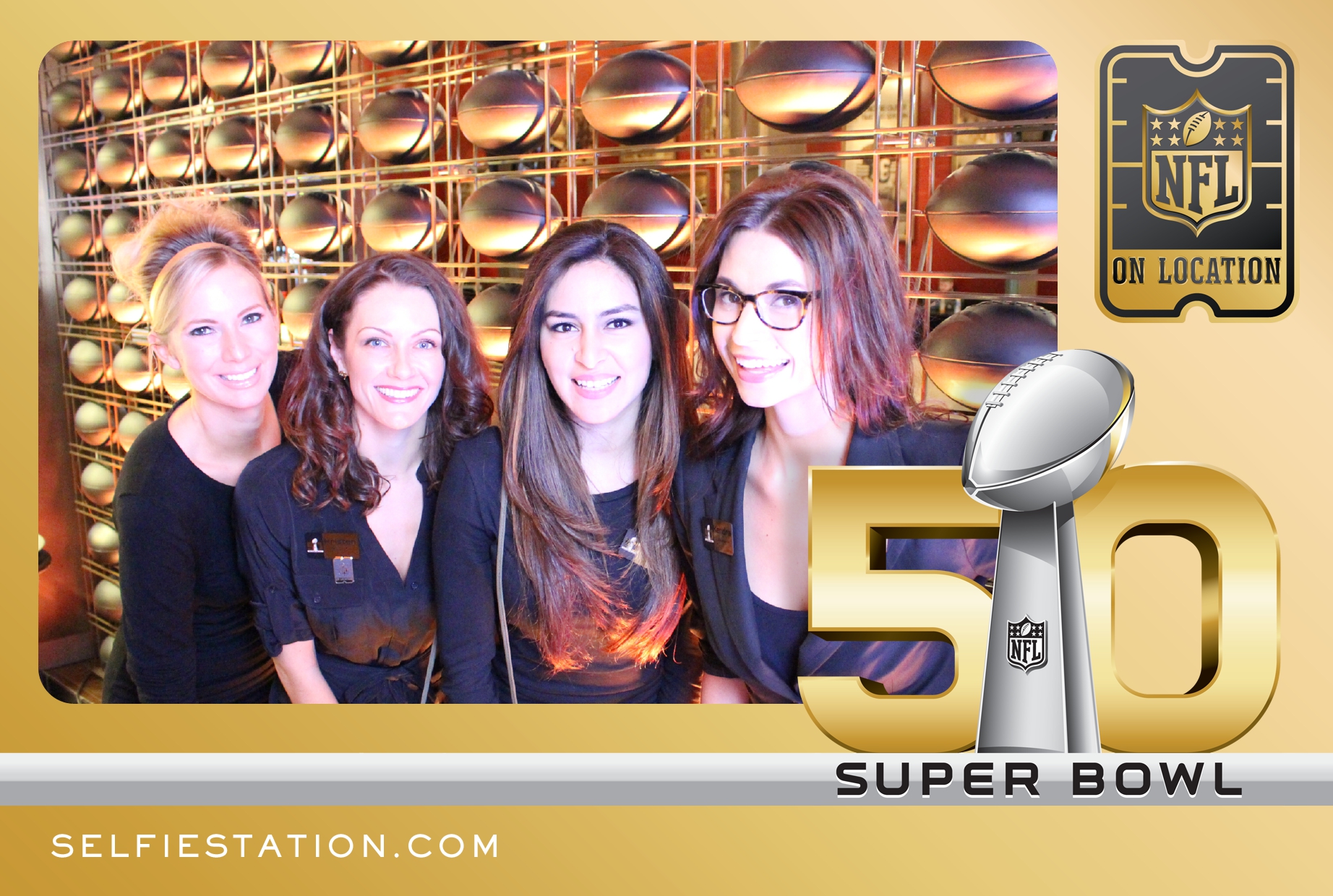 Super Bowl 50 attendees commemmorate the big game with a Selfie Station photo.