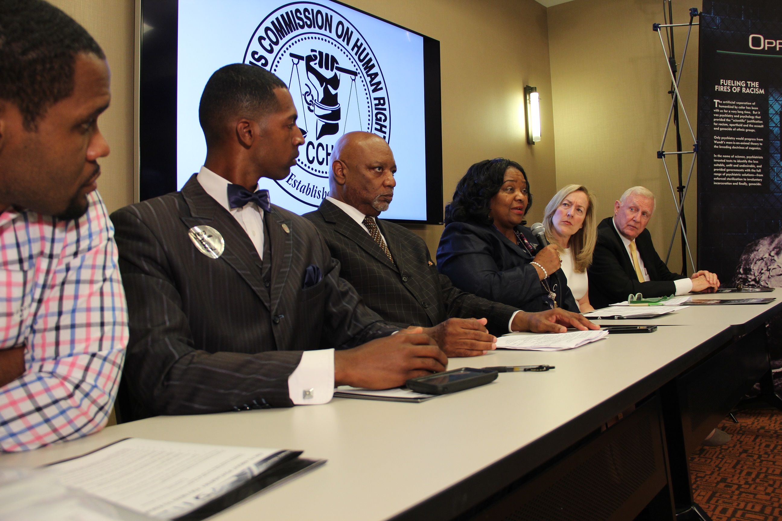 A panel discussion on ECT with Gerald Griggs (Vice Pres. NAACP Atlanta), Rizza (Nation of Islam), Rev. Fred Shaw (Christian Minster), Sen. Donzella James, Dr. Linda Lagemann and Congressman Dan Burton