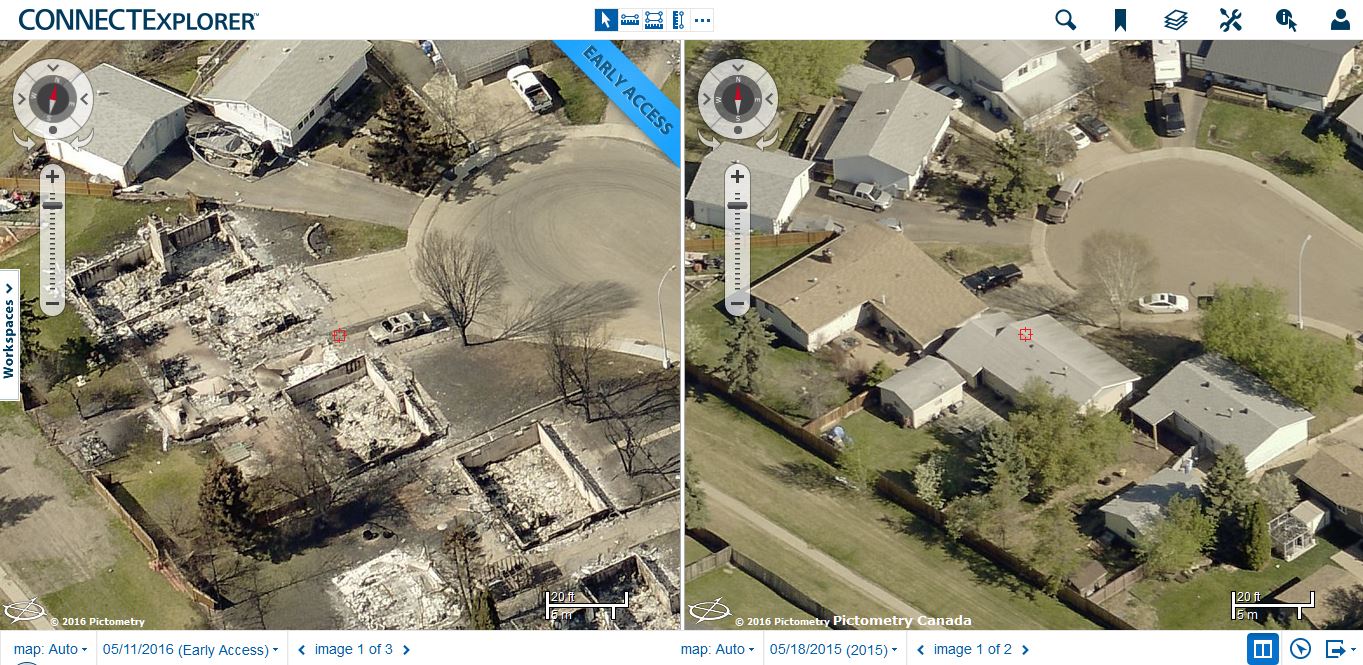 The before and after results of a wildfire in Alberta, CA shown in CONNECTExplorer™