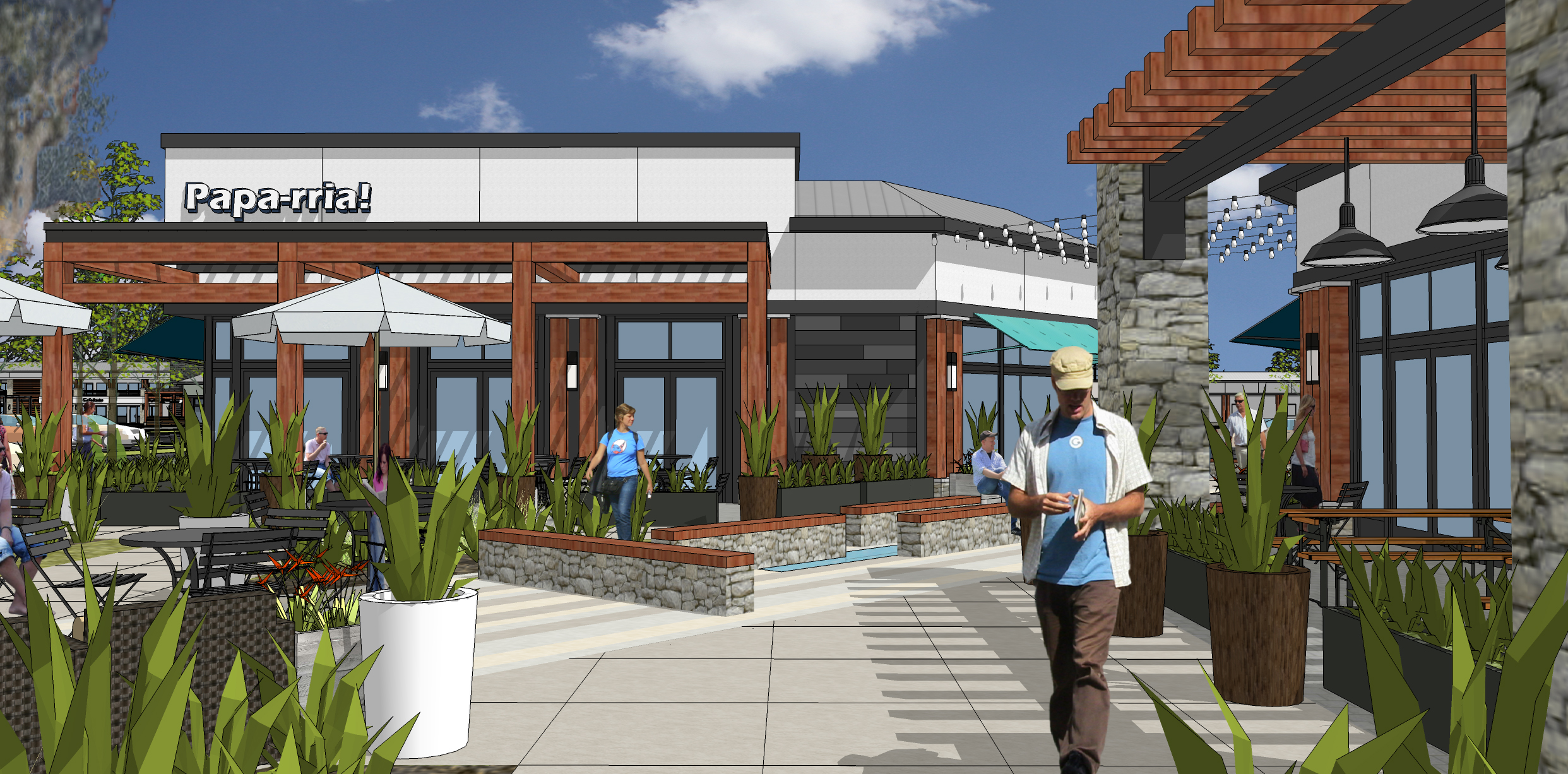 Plaza view rendering for redesigned Rossmoor Shopping Center in Walnut Creek