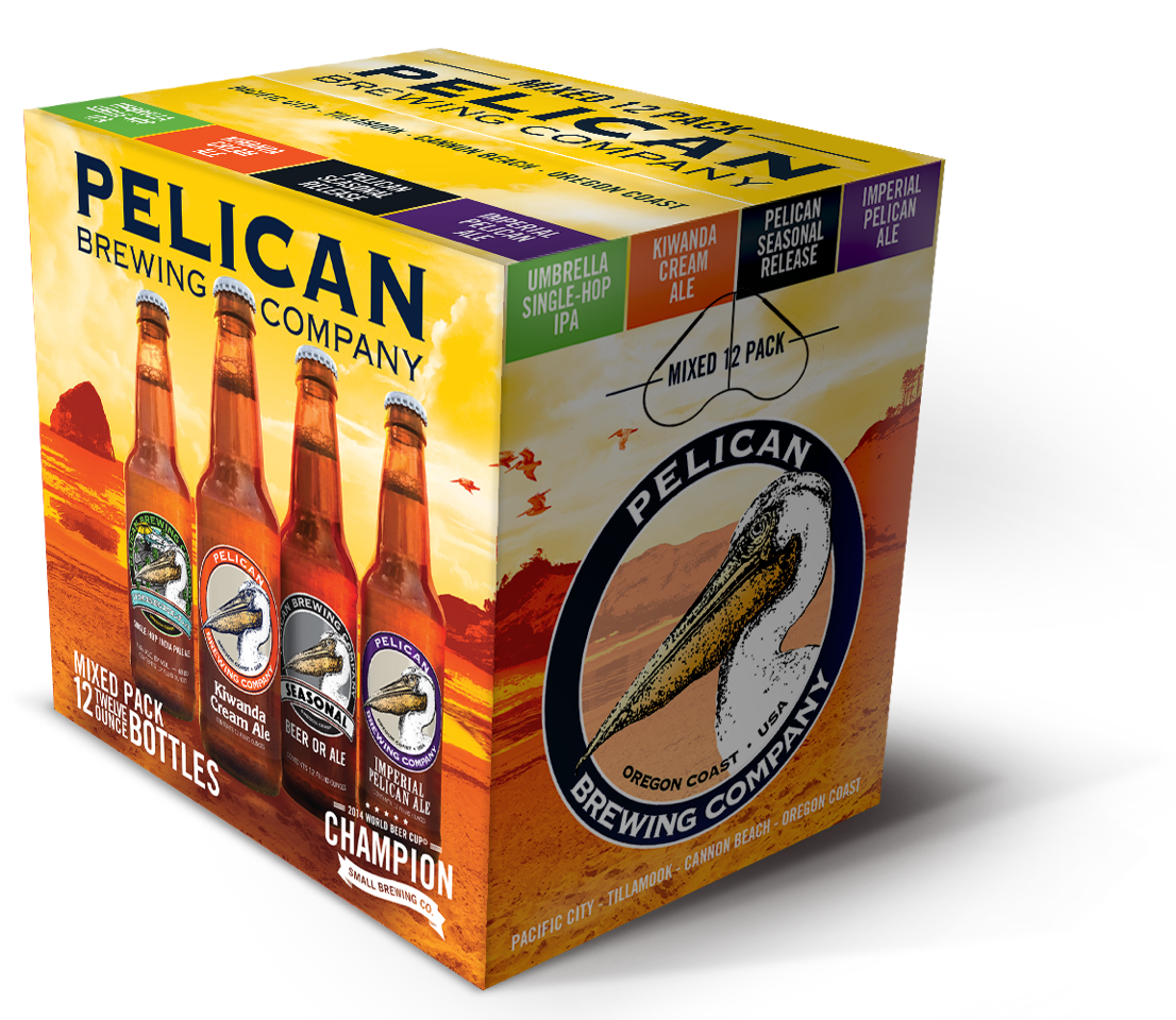 Pelican Brewing Company packages IPAs and seasonal beers in their first variety 12-pack.