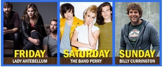 Lady Antebellum headlines on June 3, The Band Perry headlines on June 4 and Billy Currington headlines on June 5.