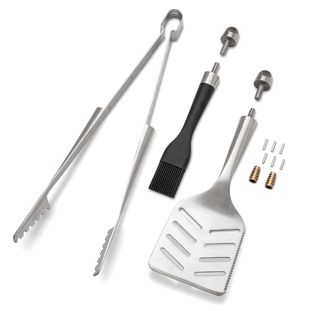Each Grill Tool Hardware Kit is made of heavy-duty, food-grade steel components, except the basting brush, which is made of heat-resistant silicone.
