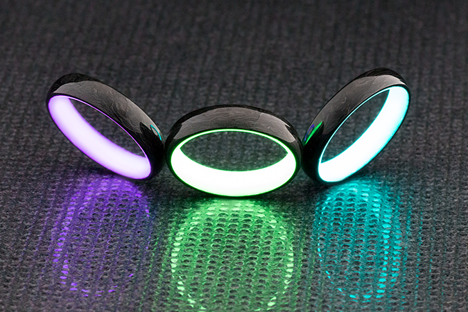 Carbon Lume Rings in  Purple, Green and Turquoise, by Carbon 6