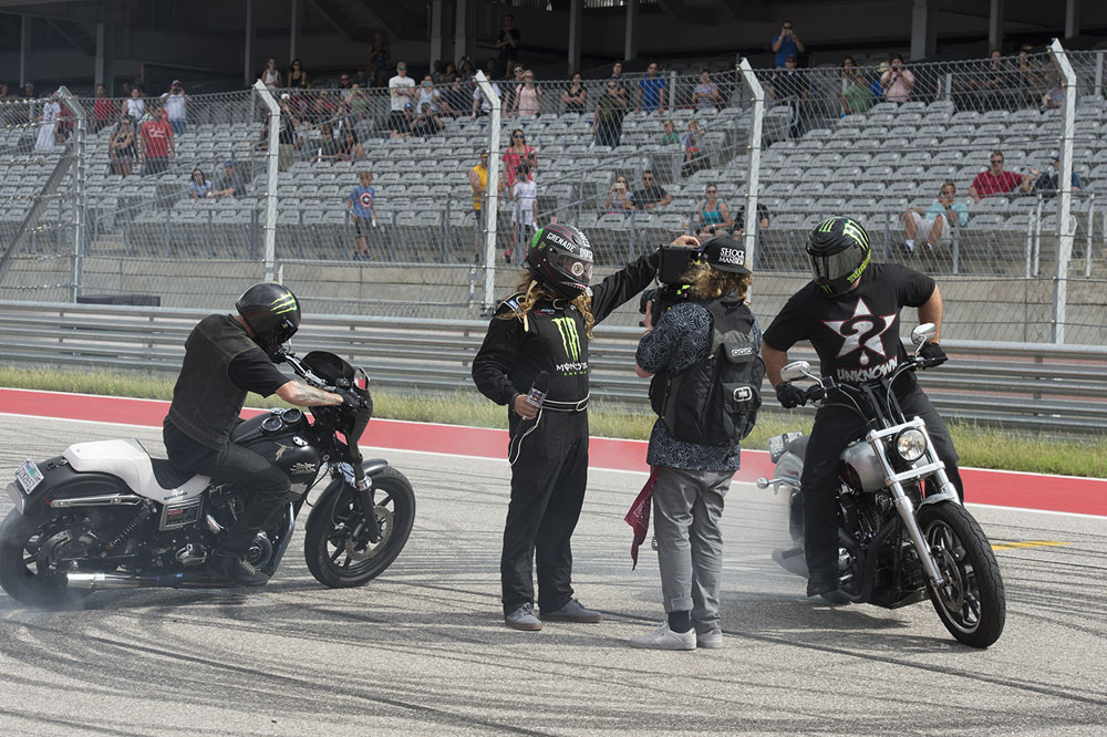 Monster Energy’s sponsored Unknown’s Harley riders Nick Leonetti, Buddy Suttle, Kade Gates, and Logan Lackey were in Austin doing their incredible wheelie and smoke show for ESPN cameras and the X Gam