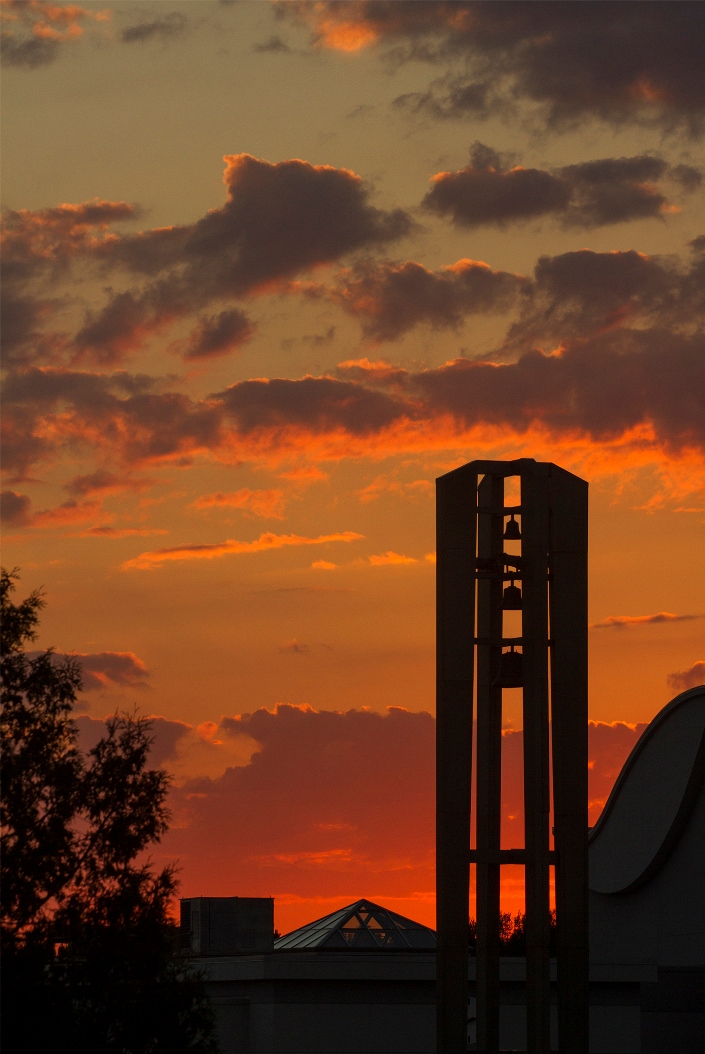 Husson University's bell tower is at the center of campus.
