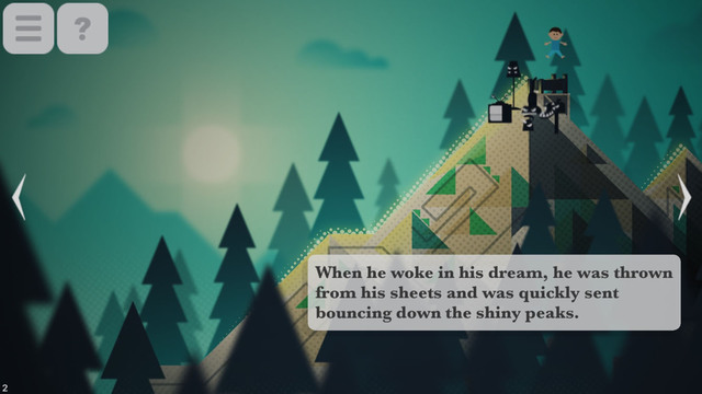 "When he woke in his dream, he was thrown from his sheets and was quickly sent bouncing down the shiny peaks."