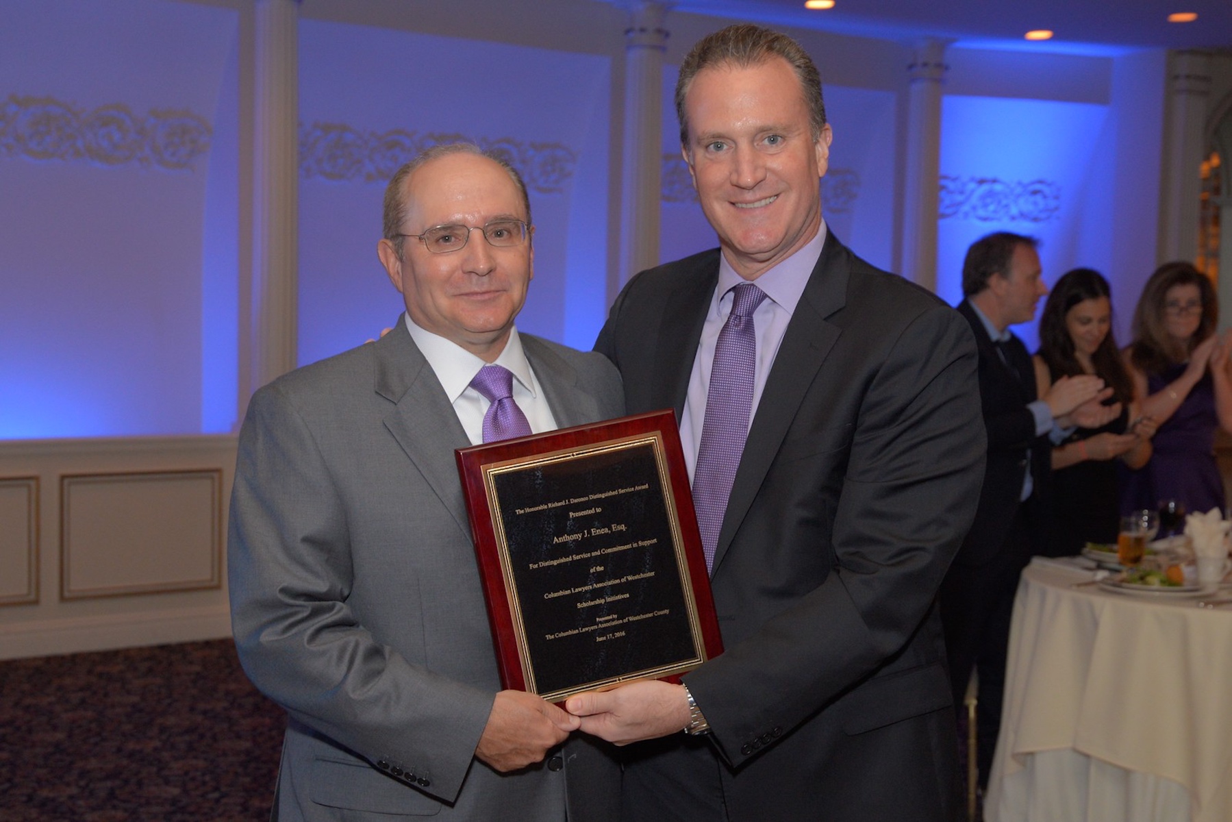 Elder law attorney Anthony Enea, recipient of the Honorable Richard J. Daronco Distinguished Service Award, and John Pappalardo, president of the Columbian Lawyers Association of Westchester County